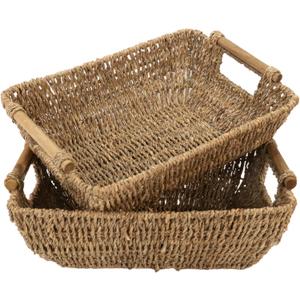 HOMESTEAD Seagrass Baskets with Wooden Handles for Storage, Medium Rectangular Wicker Basket for Bedroom, Living Room, Bathroom, Shelves - 2 Packs