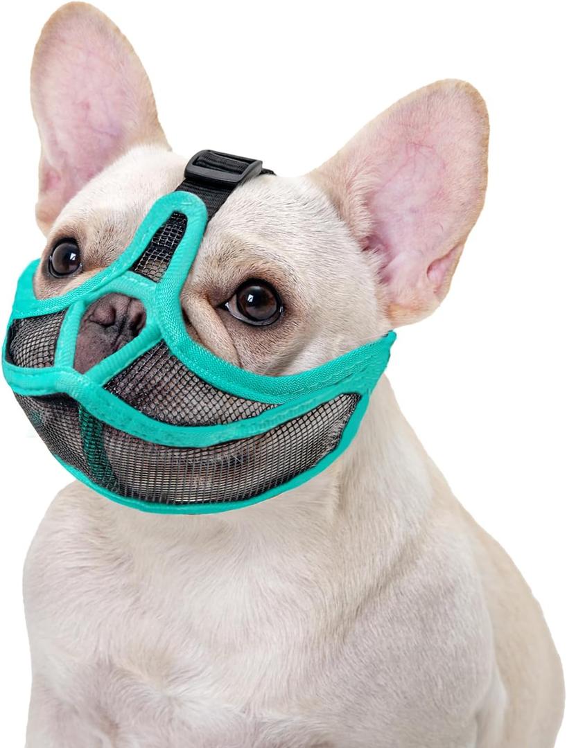 OHCOZZY Short Snout Dog Muzzle, Wont Cover Forehead Bulldog Muzzle Adjustable Breathe Mesh, Anti Bitting Chewing Barking(M, Green)