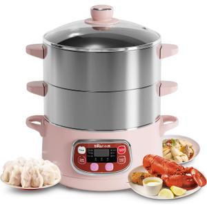 Bear Electric Multifunctional Food Steamer, One Touch Digital Steamer with Timer, Vegetable Steamer 2 Tiered Stackable Stainless Steel Baskets, Auto Shut-off & Anti-dry Protection, 1200W, 8.5Quart