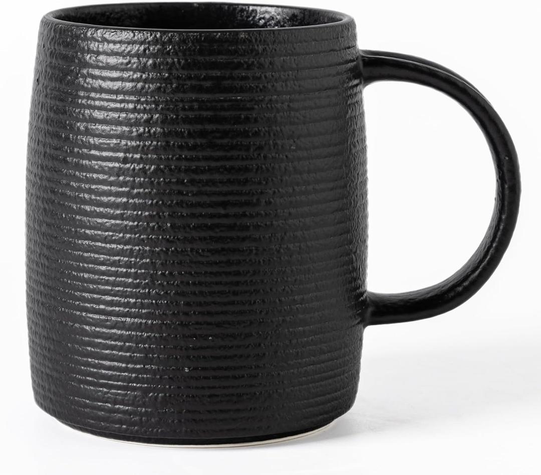 Ceramic Coffee mugs, 22 oz, Extra Large Mugs, Big Tea Cups, Large Handle, Pottery Mugs, Big Belly, Matte Finish Glaze, Wide Bottom, stripe pattern, Microwave and Dishwasher Safe (Black)
