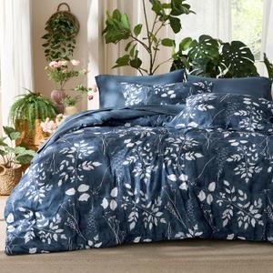 Bedsure King Size Comforter Set - 7 Pieces Floral Navy Soft Bedding Sets, King Bed in a Bag with Botanical Flowers Comforter, Sheets, Pillowcases & Shams