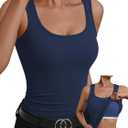 Built in Bra Tank Tops for Women Ribbed Scoop Neck Slim Fit Sleeveless Going Out Summer Tops (Blue, XL)