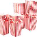 GSM Brands Popcorn Containers Boxes (100 Pack) - Striped White and Red Paper - for Home Movie Theater