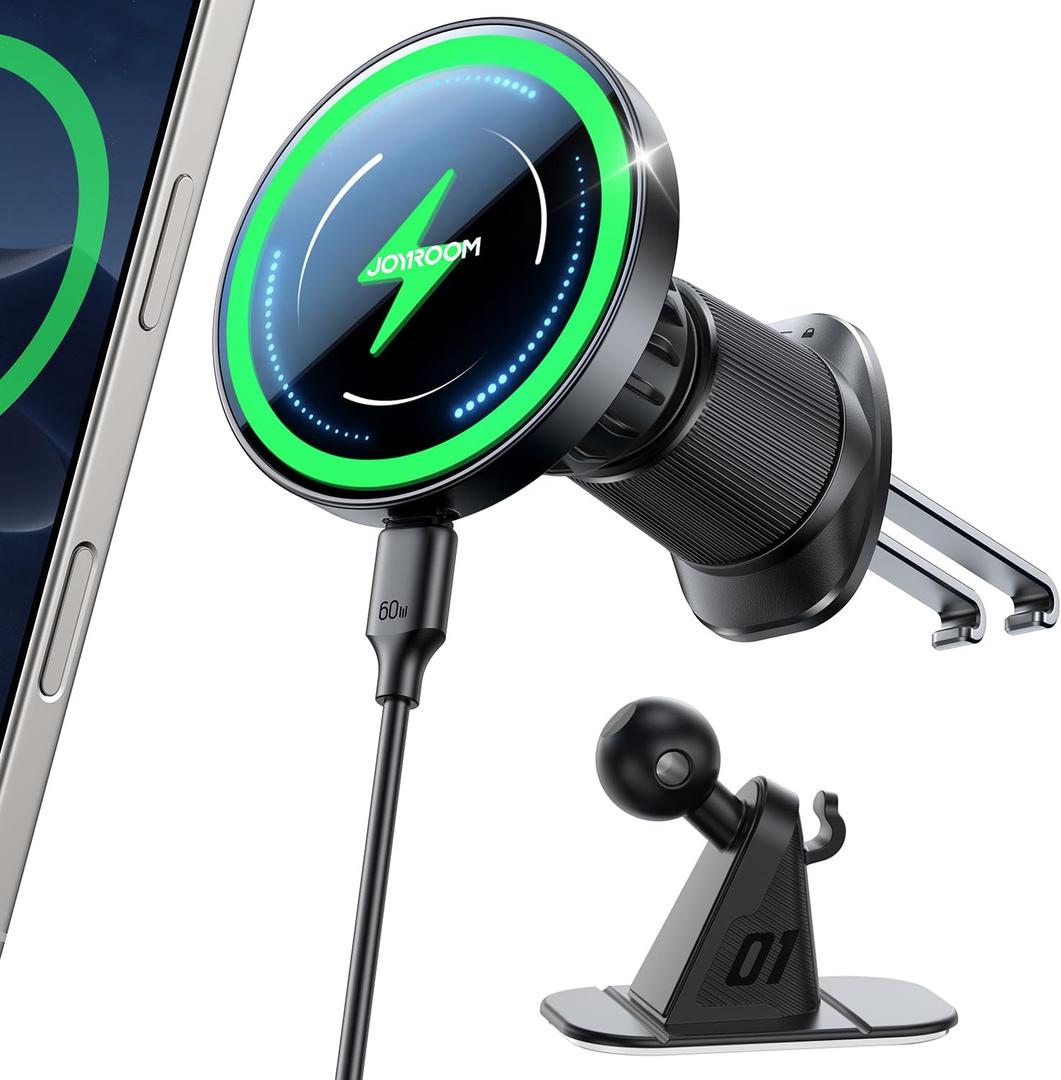 JOYROOM for MagSafe Car Mount Charger, [Upgraded Dual-Clip Grip] 15W Fast MagSafe Wireless Car Charger Air Vent Dashboard Set for iPhone 16 Pro Max Plus/iPhone 15 14 13 12 Pro Max Plus, Black