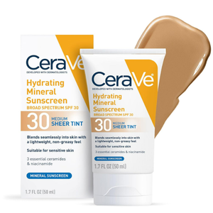 CeraVe Hydrating Mineral Sunscreen SPF 30 with Sheer Tint, Tinted Mineral Sunscreen with Zinc Oxide & Titanium Dioxide, Blends Seamlessly For Healthy Glow, Medium, 1.7 Fluid Ounce