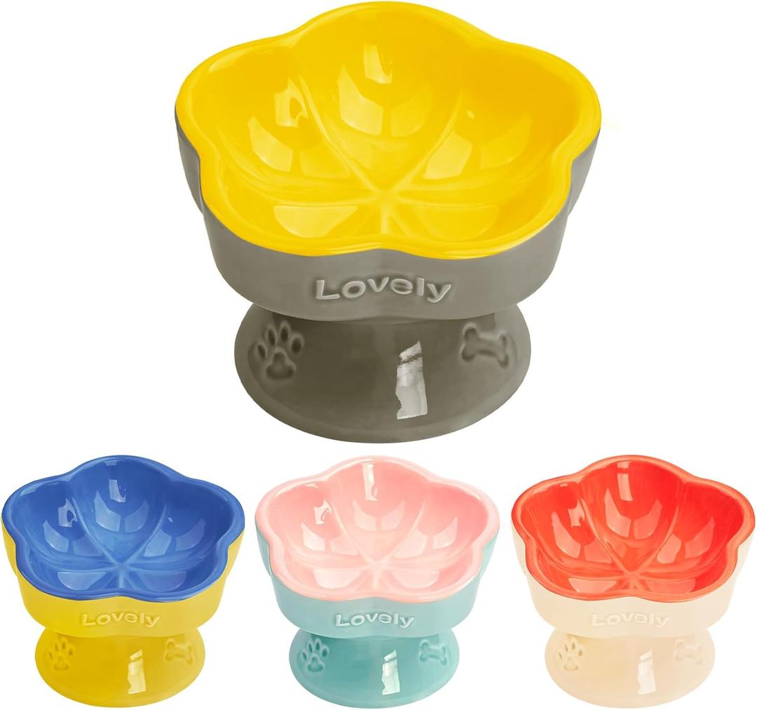 S&Q's CERAMICS Raised Cat Bowl, Elevated Cat Bowl for Food and Water, Ceramic Titled Dish, Anti Vomit & Whisker Friendly, Microwave and Dishwasher Safe (Yellow, 5.8")