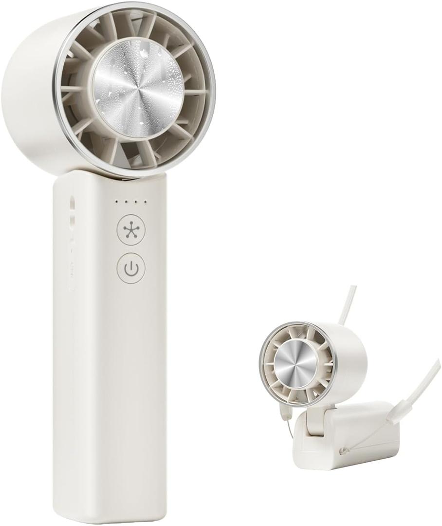 Hand Held Fan - 4 Speeds Adjustable 4800mAh, Foldable,Lightweight Neck-Worn Design, Beach Vacation Essentials, Portable Fan for Travel, Cooling for Camping, Outdoor and Indoor - Beige