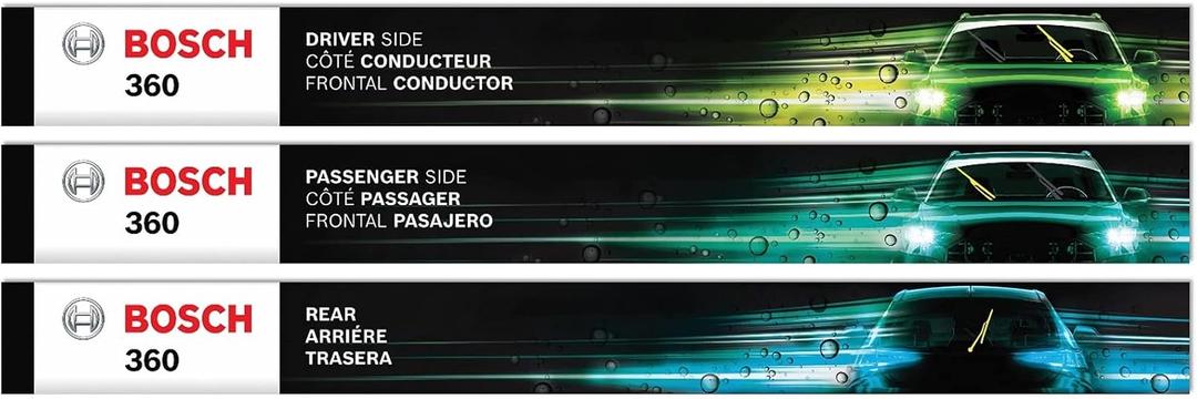 BOSCH B36012 360 Complete Vehicle Wiper Blade Replacement - Includes Front Beam Blades (Pair) + Rear Wiper Blade (1) - 22"/21"/11"
