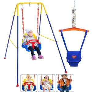 Toddler Swing Set, 3-in-1 Baby Swing Outdoor/Indoor, Toddler Swing&Jumper with Foldable Metal Stand, Baby Swing Outdoor for Aged 6 Months to 10 Years Old (Blue)
