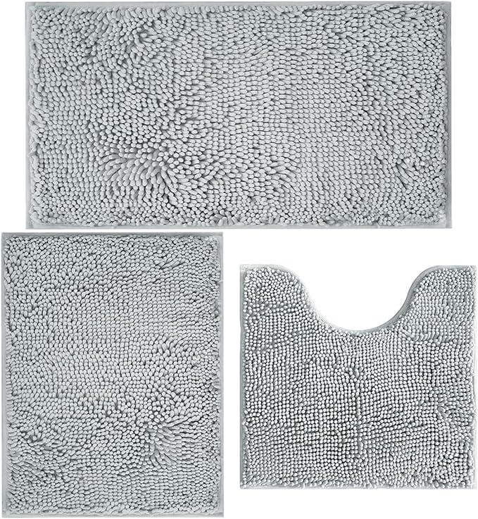 AINAHYVA Bathroom Rugs Chenille Bath mat 3 Piece Set, Super Absorbent, Strong PVC Non Slip Backing, Bath mats for Bathroom, Plush Shaggy, Thick, Machine Washable, Bathtub, Toilet, Light Grey