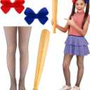 Jecery Set of 4 Halloween Clown Costume Cosplay Accessories Halloween Costume Full Uniform Set Cute Party Dress up Cosplay for Themed Parties Bow Hairpin Fishnet Socks Baseball Bat