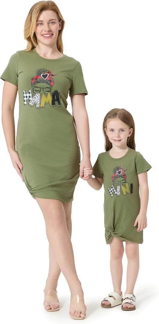 PATPAT Mommy and Me Matching Beach T Shirt Dresses:Short-Sleeve T-Shirt Dresses Vacation Outfits (X-Large, Army Green)