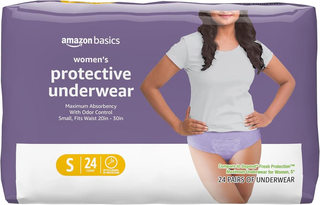 Amazon Basics Maximum Absorbency Postpartum Incontinence Underwear for Women, Protective, Disposable, Fresh Protection, Bladder Leak Protection, Small, Lavender, 24 Count