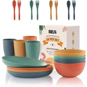 20PCS Wheat Straw Dinnerware Sets, DQELFA Reusable Kids Toddler Plates and Bowls Sets, Unbreakable Lightweight Kids Dish Set, Microwave and Dishwasher Safe