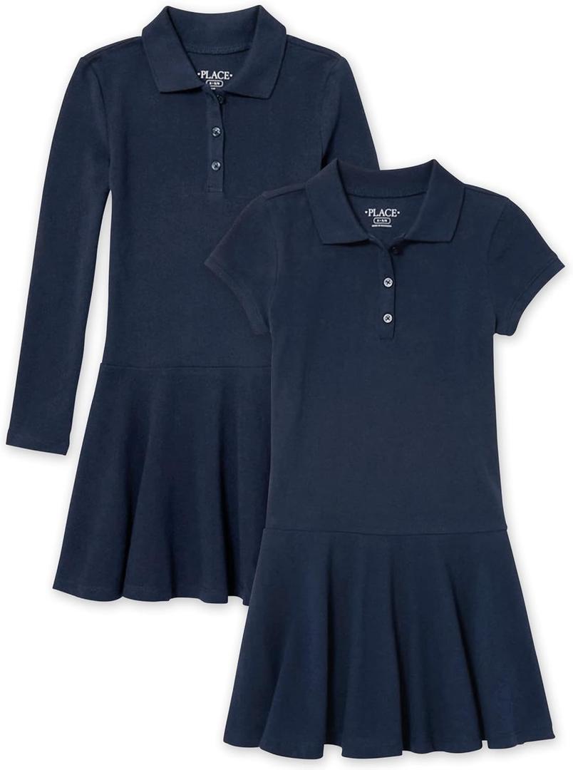 The Children's Place Girls' Short Long Sleeve Pique Polo Dress (Large, Tidal 2-pack)