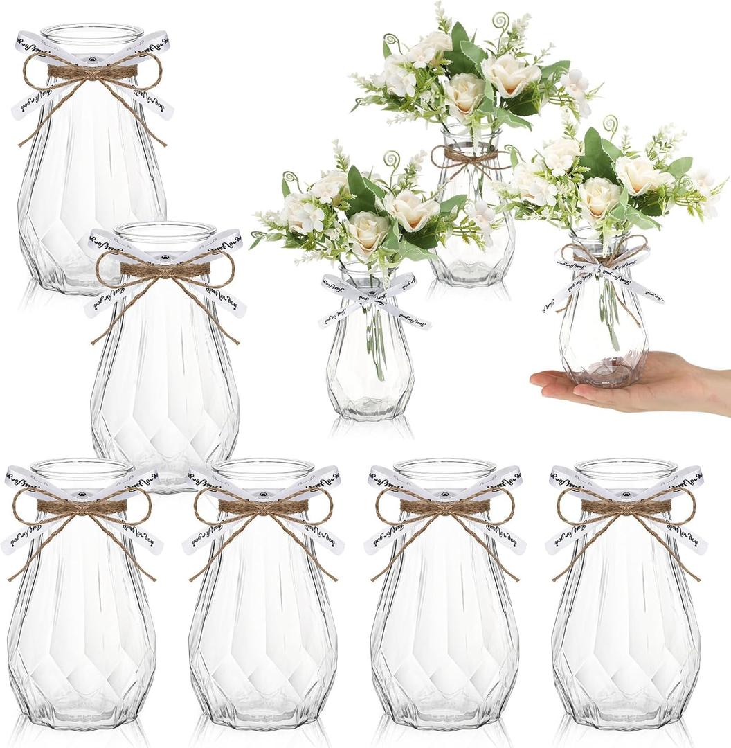 Bokon 6 Packs Small Plastic Bud Vases in Bulk with Gift Wrapping Ribbon, Vases for Flower, Wedding Centerpieces for Home Decor, Living Room, Office Decoration, Housewarming Party Gift (Clear)