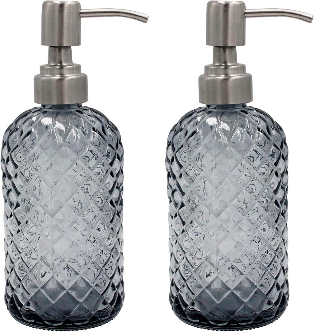 16 oz Diamond Pattern Glass Soap Dispenser, Kitchen and Bathroom Refillable Soap Dispenser with Rust Resistant Stainless Steel Pump for Hand Soap, Lotion Glass Liquid Dispenser (Grey-2pack)