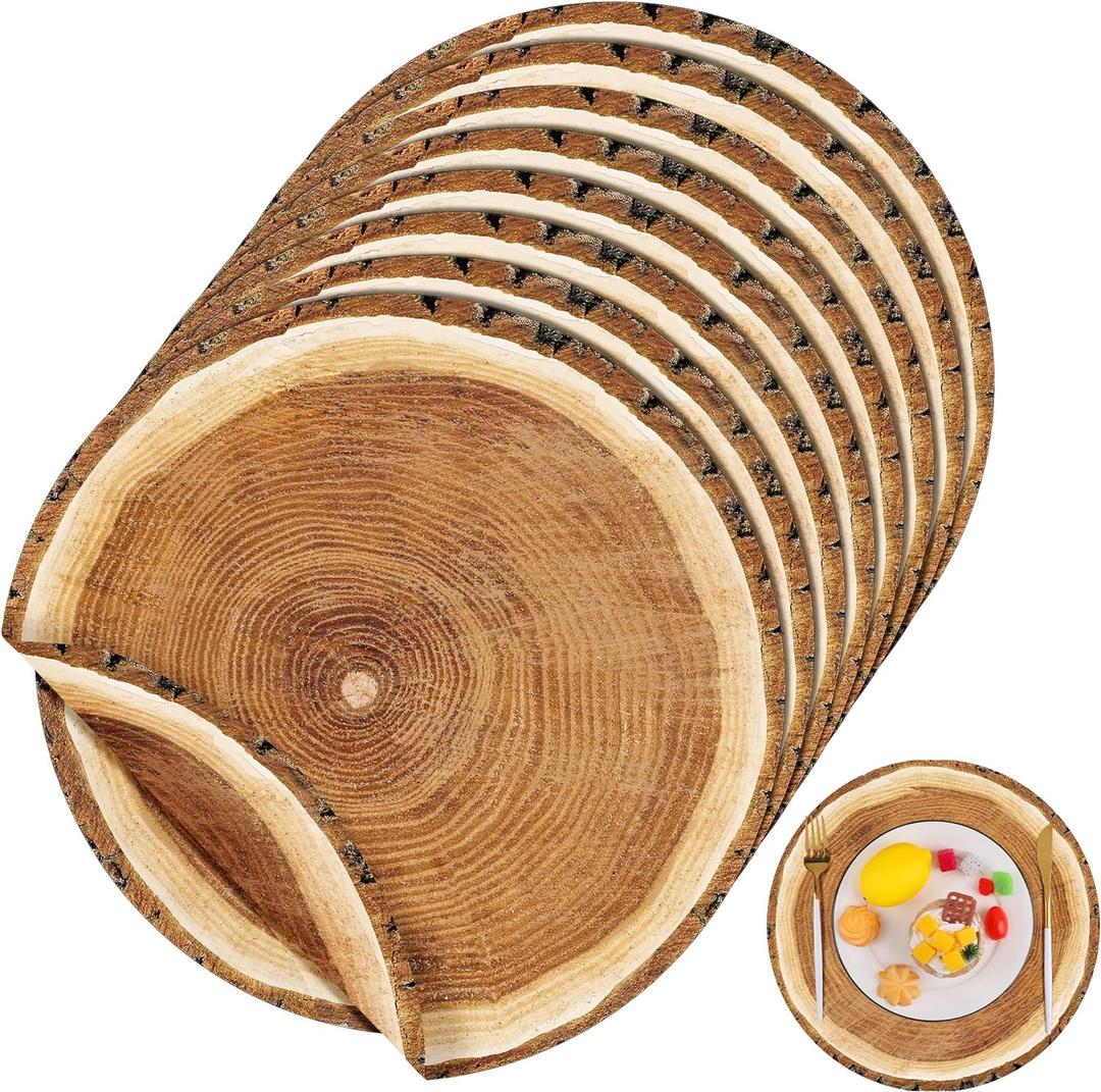 durony 60 Pack 13.8 Inches Wooden Slice Paper Placemats Disposable Rustic Wood Grain Round Table Mats for Vintage Country Wedding Birthday Party Table Setting Decorations