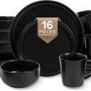 EWFEN 15-Piece Ceramic Dinnerware Sets with Mugs for 4, Black Plates and Bowls Set with Classic Design, Scratch Resistant Dishes Set, Dishwasher & Microwave Safe