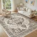Washable 5x7 Area Rug for Living Room - Vintage Distressed Carpet with Non-Slip Backing, Soft Stain Resistant Low Pile Indoor Rug for Bedroom & Dining Room, Kid & Pet Friendly - Dark Brown