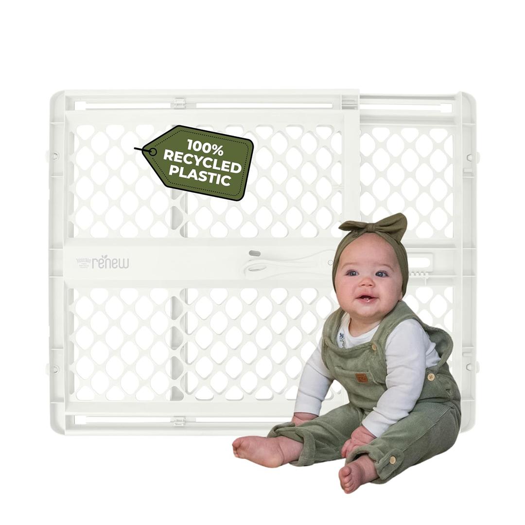 Toddleroo by North States - Renew 100% Recycled Plastic Baby Gate for Doorway; Sturdy for Indoor & Outdoor Use: Pressure Mounted, No Drill Gate; Made in USA; 26" to 42" Wide, 26" Tall; Pure White