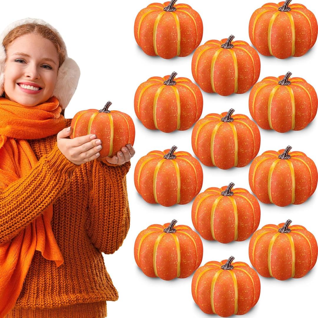 Liliful 12 Pcs 6" Foam Artificial Pumpkins Fall Harvest Pumpkins Fake Plastic Carvable Foam Pumpkin Decor for Halloween Thanksgiving Home Decor (Orange)