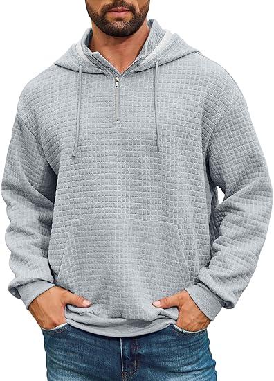 Auxo Mens Quarter Zip Pullover Fashion Quilted Hoodies Long Sleeve hooded Sweatshirt with Pocket Size XL