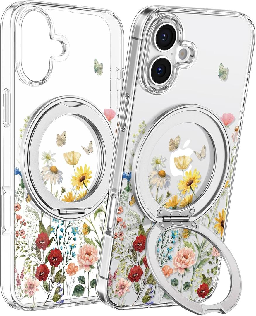 Loheckle for iPhone 16 Case - Compatible with MagSafe Stand Women Girls Cute Clear Girly Aesthetic Kawaii Unique Design Soft TPU Built-in Magnetic Stand Phone Cover for Apple 16, Retro Floral