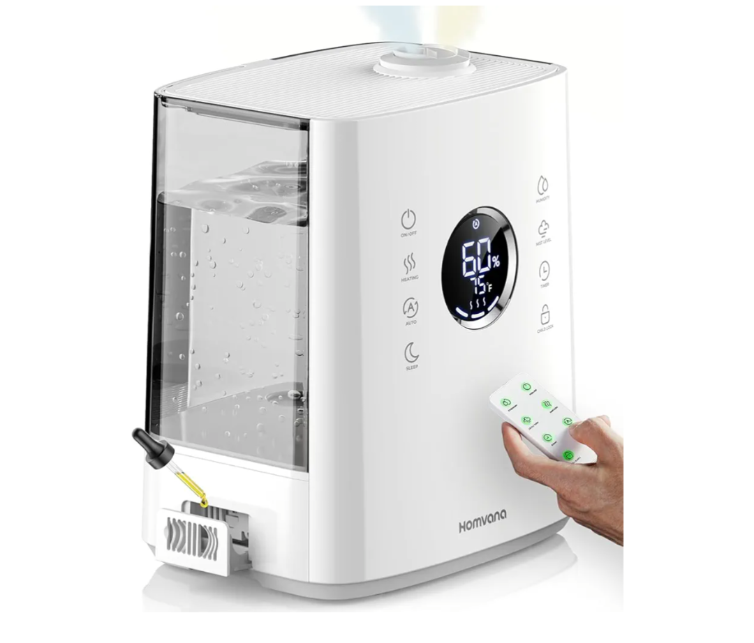 Homvana Humidifiers for Bedroom Large Room, 6.5L Top-Fill Warm & Cool 360° Rotatable Mist Ultrasonic Humidifier for Plants Baby Kids, Vaporizer (Distilled Sterilization) Essential Oil, Auto Sleep Mode