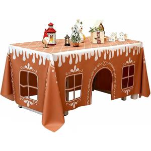 Gingerbread House Christmas Tablecloth, Reusable Funny Christmas Tablecloth Rectangle,Festive Winter Pattern Cloth,Interactive Playhouse with Playful Cut-Out Windows, for Party Kitchen Decor