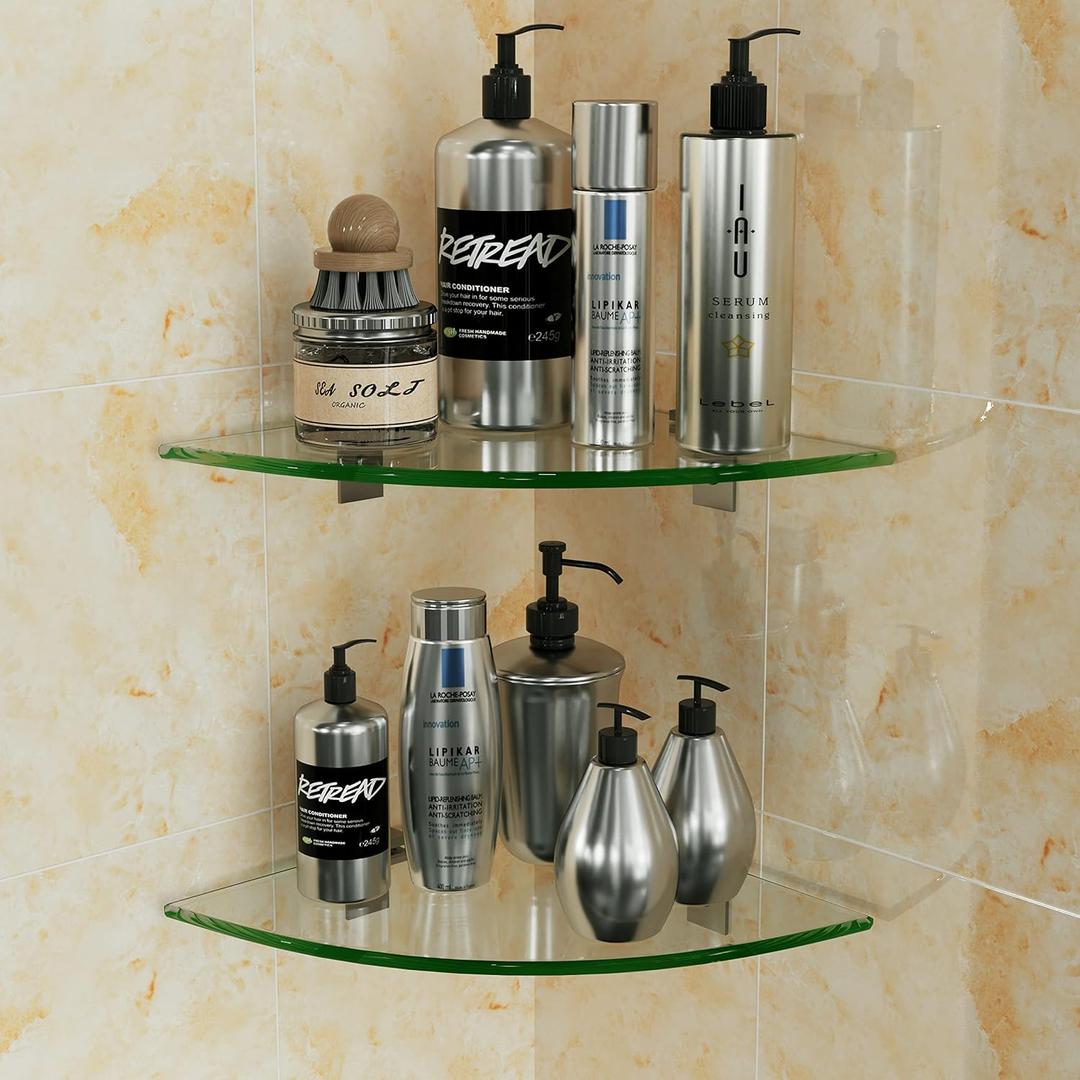 2-Pack Glass Corner Shower Shelves, Shower Wall Shelves for Inside Shower, Drill Free Shower Caddy Organizer with Aluminum Brackets for Bathroom (Clear)