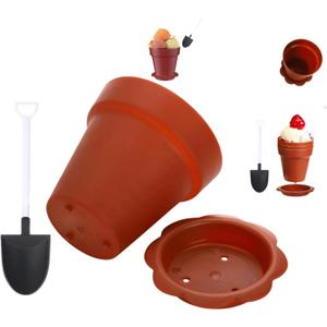 20 Pack Flowerpot Dessert Cups, Shovel, Spoon, Bottom Tray - Small Flower Pot Cups, Mini Flowerpot Cake Desserts Cups Ice Cream,Yogurt Containers - DIY (Brown,Reusable)