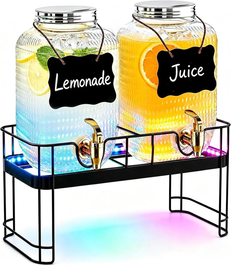 Drink Dispensers for Parties, 2 Pack 1 Gallon Glass Jars with LED Stand