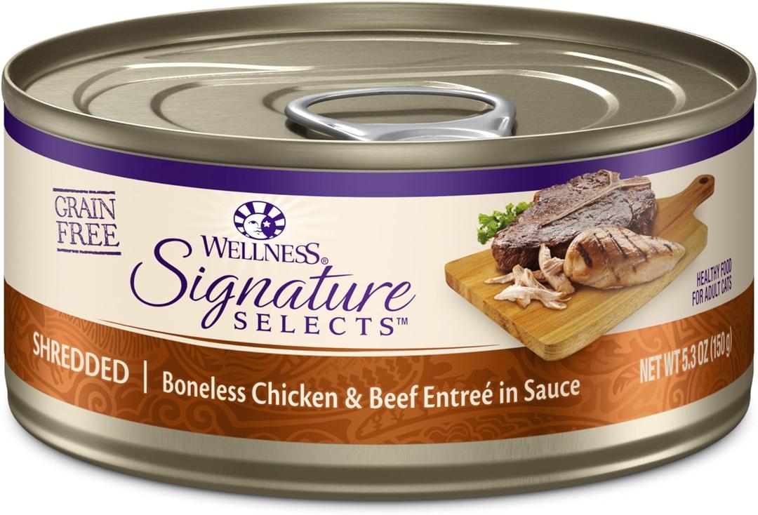 Wellness CORE Signature Selects Shredded Adult Canned Wet Cat Food, Natural, Protein Rich, Grain Free, Chicken and Beef Entre Recipe, 5.3 oz, Pack of 12 Cans (EXP 12/10/28)