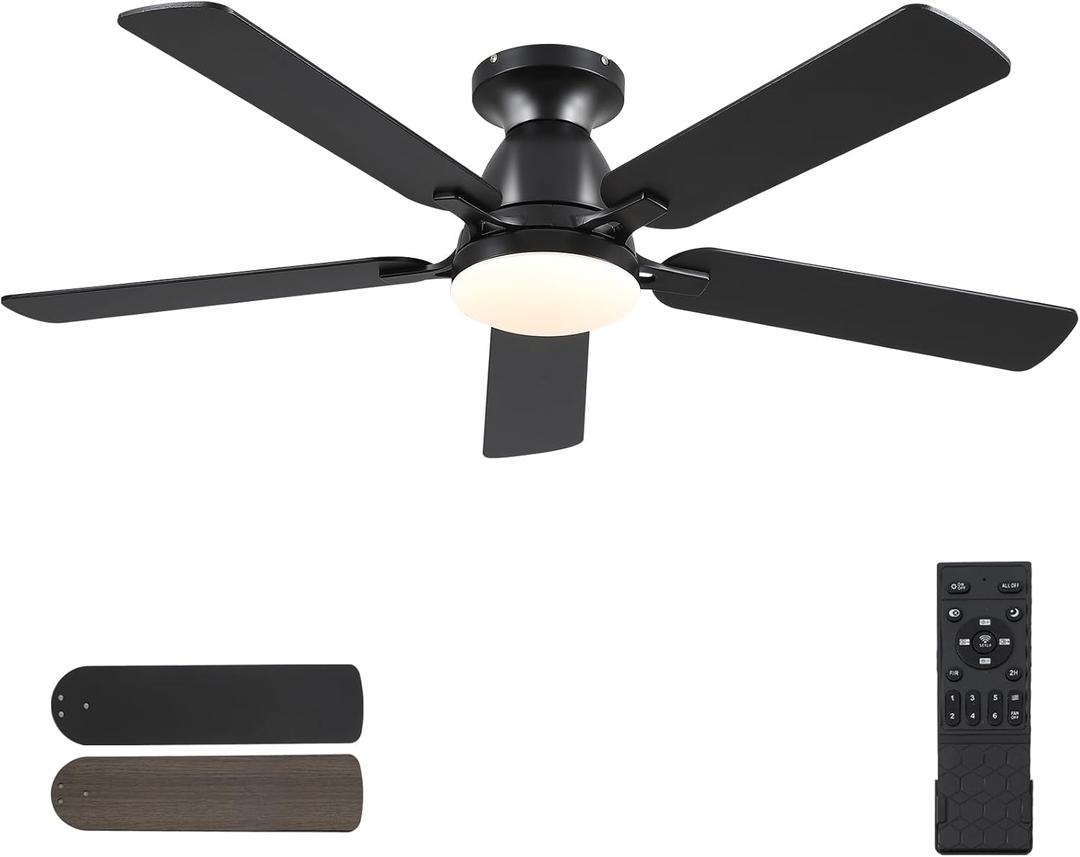 Ceiling Fans with Lights, 52 Inch Flush Mount Ceiling Fan with Light and Remote, Low Profile Black Ceiling Fan for Bedroom Living Room, Quiet DC Motor, Reversible, Dimmable LED, Black