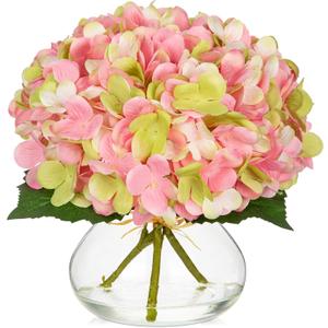 Hollyone Hydrangea Artificial Flowers with Glass Vase Pink-Green Silk Faux Flowers Arrangements in Vase with Faux Water Fake Floral Bulk Bouquet for Home Decor Table Centerpiece Decorations
