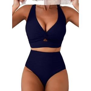 Herseas Women's Textured Bikini Sets Twist Front Top Swimsuits High Waisted Bathing Suits XL, Navy Blue
