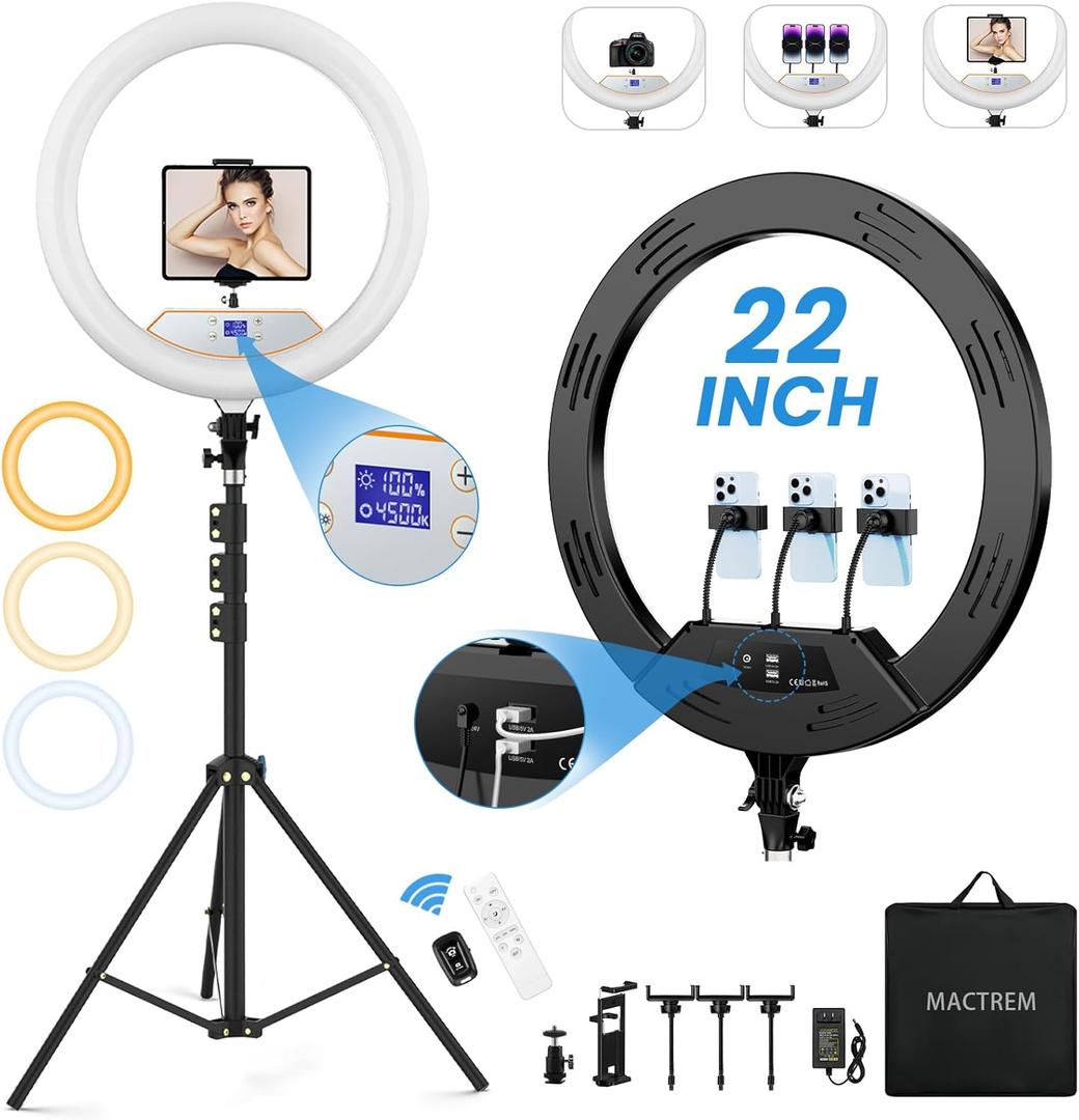 22'' Ring Light with 75'' Tripod Stand, LED Display/2 USB Ports/6500K Dimmable Ring Light for ipad Phone Holder for Tattoo Lash Live Makeup Video Recording TikTok Barber Stylist Photography (Black)