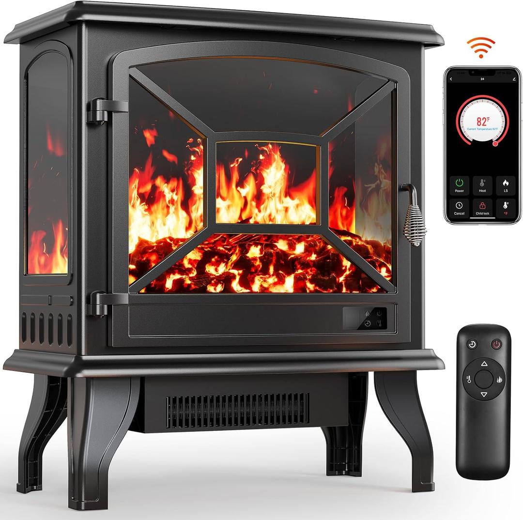 Silonn Electric Fireplace Heater, Quick Heating Portable Fireplace with App & Remote,24 Electric Corner Fireplace Low Noise with 5 Brightness Levels,Temp Control & Timer for Living Room,Bedroom,Black