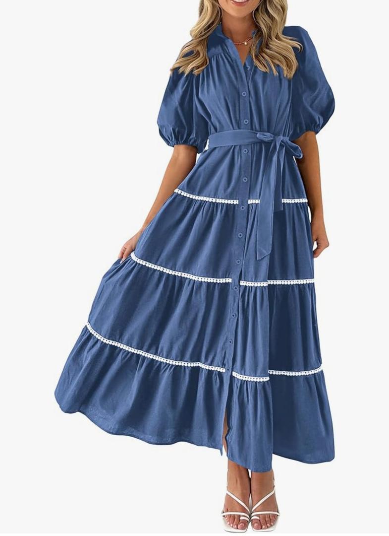 PRETTYGARDEN Women's Summer Button Down Shirt Dress Short Puffy Sleeve Tiered Ruffle Flowy Long Maxi Dresses, M Dark Blue