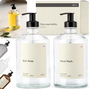 KIVY Glass Soap Dispenser Set [INCL. Waterproof Labels] - Glass Soap Dispenser with Pump - Hand Soap and Dish Soap Set - for Kitchen, Shower & Bathroom - Refillable (1X 16oz)