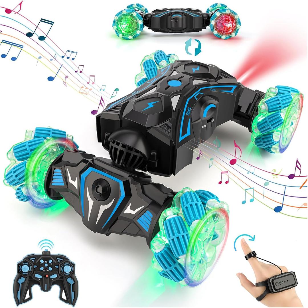 Gesture Sensing RC Stunt Car, Remote Control Car Toys for Boys 6-8-12, 360 Rotating 4WD Twist Cars with Light Music & Spray, Birthday Xmas Gifts for Kids Age 6 7 8 9 10 11 12, 2.4Ghz Hand Controlled (Blue)