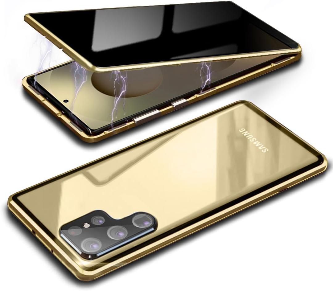 Magnetic Privacy Case for Samsung S25 Ultra,Anti Peeping Screen Protector Double-Sided Tempered Glass Metal Bumper Anti SPY Cover,360 Degree Phone Case for Samsung Galaxy S 25 Ultra,Desert Gold