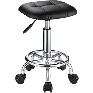 Square PU Cushion Rolling Stool with Wheels Height Adjustable Swivel Stools Office Chair, Black