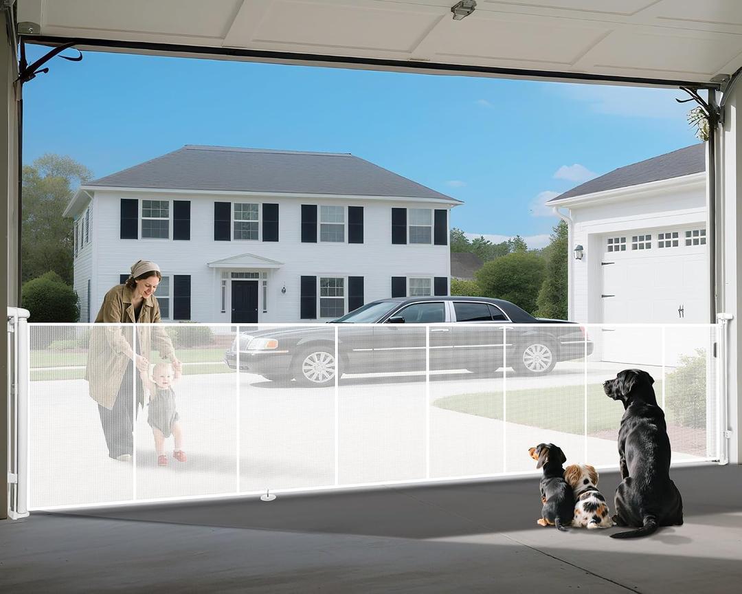 200" Retractable Baby Gates Dog Gate Extra Wide, 42" Tall Child Pet Safety Gate with Reinforced Strips for Stairs, Long Mesh Garage Gates Fence for Outdoor Indoor Large Openings Driveway Decks Patio, White