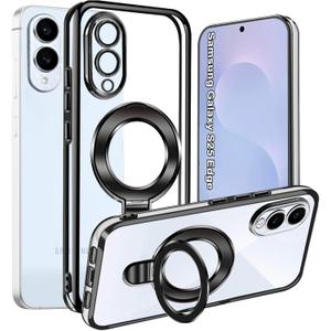 Magnetic Case for Samsung Galaxy S25 Edge, MagSafe Compatible, Clear Shockproof Protective Case with Ring Stand, Lightweight Electroplated Phone Case for Samsung S25 Edge, Black