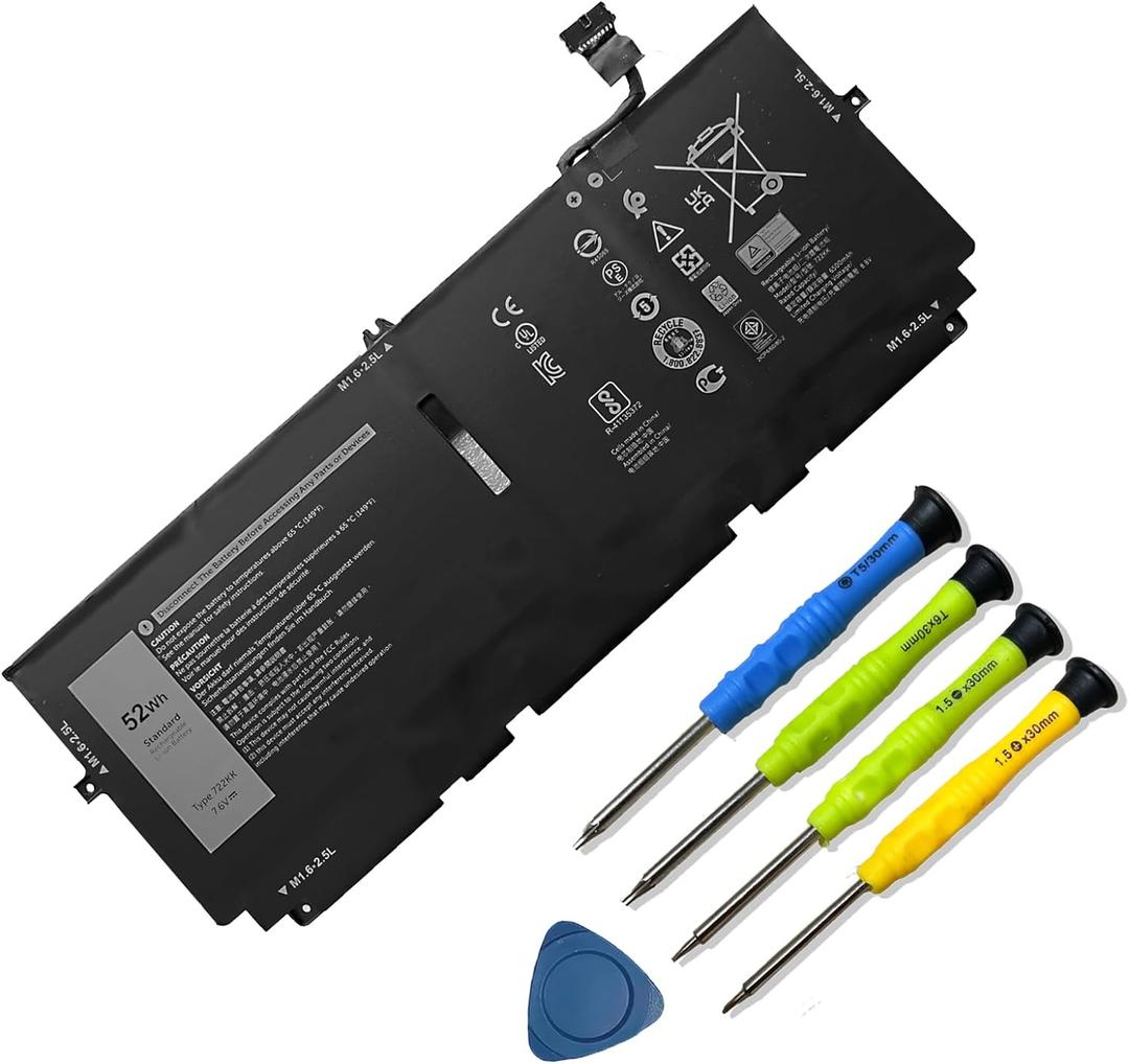 52Wh 722KK Laptop Battery Replacement for Dell XPS 13 9300 (2020) XPS 13 9310 (2020) XPS 13 9380 (2020) P117G P117G002 P117G001 Series Notebook 0WN0N0 WN0N0 02XXFW 2XXFW FP86V 7.6V 6800mAh