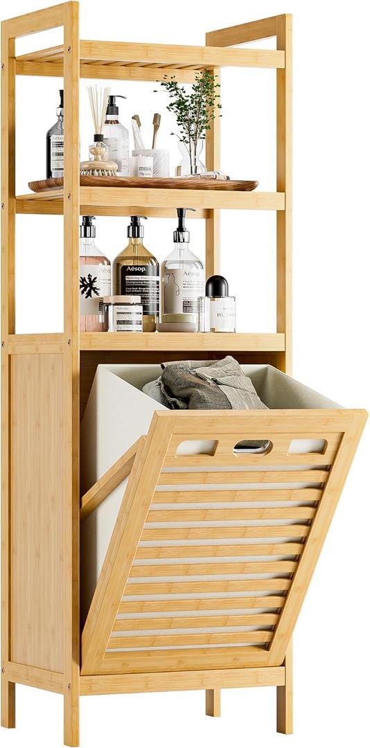 HITNET Tilt Out Laundry Hamper, Bamboo Laundry Basket with Foldable Bag and 3 Open Shelves, Freestanding Clothes Storage Organizer for Bedroom, Bathroom, Living Room, Natural, 11.81 inches x 15.75 inches x 46.85 inches