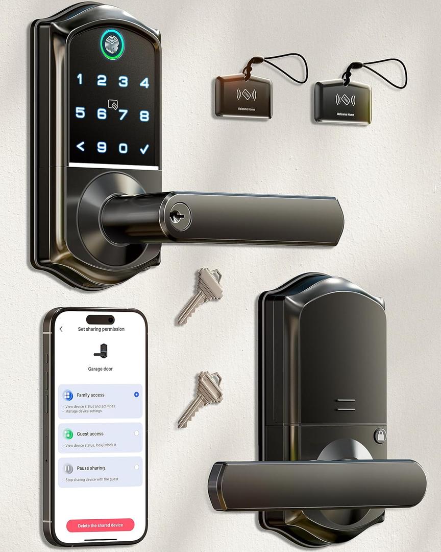 Veise VE019 Fingerprint Smart Lever Lock, App Control, Keyless Entry Door Lock with Handle, Touchscreen Keypad Knob for Front Door and Bedroom, Remote Access Sharing, IP55 Waterproof, Satin Nickel
