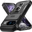 DEERLAMN Case for Google Pixel 10/10 Pro with Slide Camera Cover+Screen Protector(1 Pack), Rotated Ring Kickstand Military Grade Shockproof Protective Cover-Black